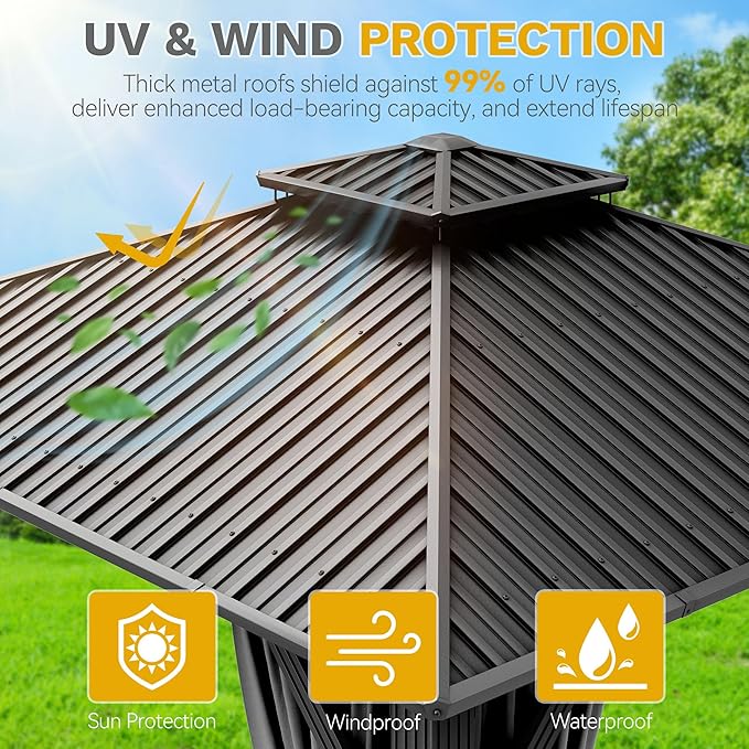 DWVO 12x12ft Gazebo Double Roof Hardtop with Nettings and Curtains, Heavy Duty Galvanized Steel Outdoor Vertical Stripes Roof for Patio, Backyard, Deck, Lawns, Grey