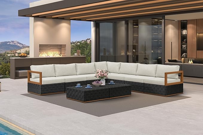 PURPLE LEAF Patio Outdoor Furniture Set 9 Pieces, Premium Leather Outdoor Couch Sectional Sofa, L-Shaped Patio Conversation Sets with Olefin Cushions, Patio Couch for Porch, Balcony, Garden, Black