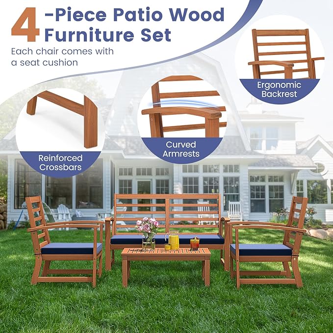 Tangkula 4 Pieces Outdoor Furniture Set, Acacia Wood Conversation Set w/Soft Seat Cushions, Stable Acacia Wood Frame, Patio Sofa & Coffee Table Set for Backyard, Porch, Poolside (Navy)