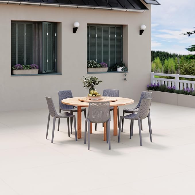 Urban Elements Melbourne 7-Piece Patio Furniture Set | Teak Finish 100% FSC Eucalyptus Wood | Backyard Furniture, Outside Table and Chairs, Round Outdoor Dining Set, 7-Piece Grey