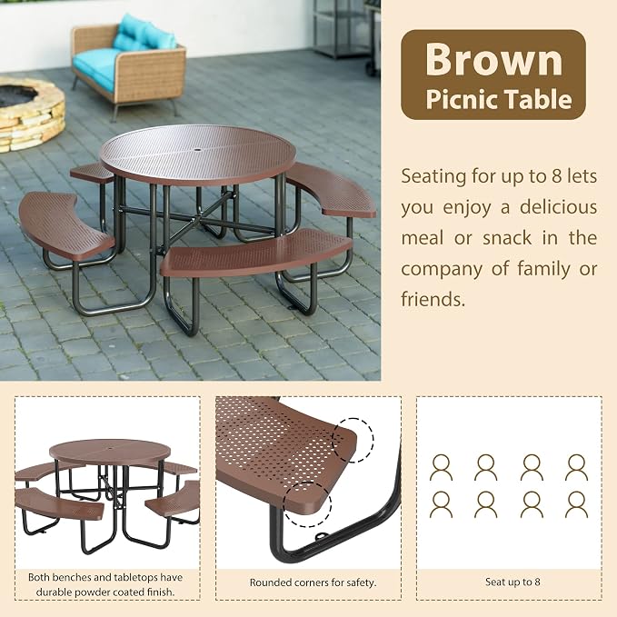 46'' Round Metal Picnic Table with 1.78" Umbrella Hole, Heavy-Duty Stainless Steel Mesh Top Outdoor Table, Rust Resistant Weatherproof Patio Dining Table, For Backyard, Garden & Picnic, Coffee