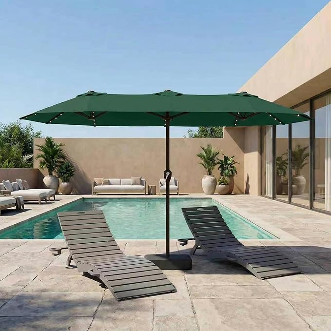 15FT Patio Umbrella with Solar Lights, Double-Sided Extra Large Outdoor Table Umbrella with Base Included, Heavy-Duty 12 Iron Ribs Market Umbrella for Garden, Pool, Backyard, Forest Green