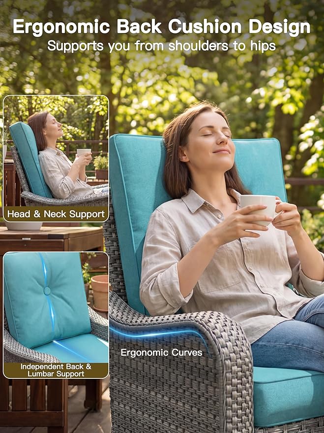 7-Piece Outdoor Conversation Set with 43" Fire Pit Table, 4 Swivel Rocking Chairs (4" Cushions) & 2 Side Tables, All-Weather PE Rattan & Steel Frame for Porch, Deck, Backyard, Turquoise