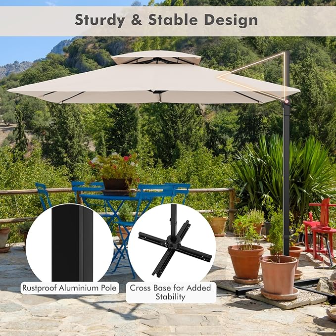 Tangkula 9.5 FT Cantilever Patio Umbrella, Outdoor Square Offset Umbrella with 360° Rotation, Double Top Heavy Duty Patio Hanging Umbrella with Cross Base for Garden Deck Pool Backyard (Beige)