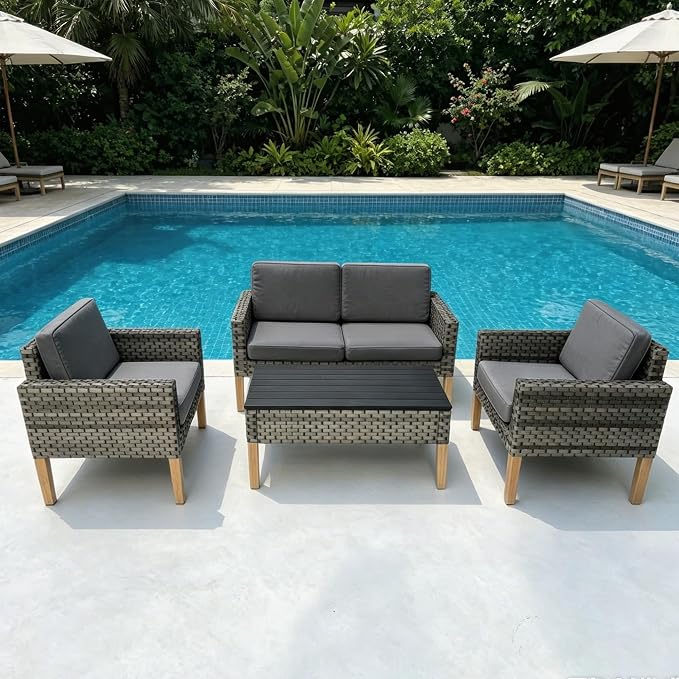 DECMICO 4 Piece Rattan Conversation Bistro Set, Outdoor Wicker Patio Furniture Set, All-Weather PE Rattan Chairs with Cushions for Backyard, Balcony, Garden, Dark Gray