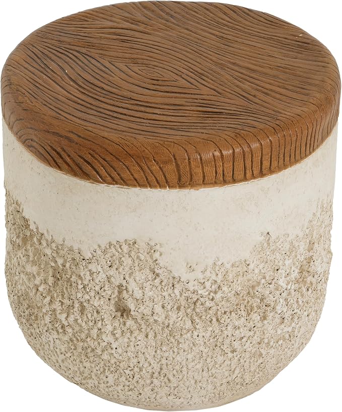 Outdoor Side Table, Modern Organic MGO Accent End Table for Patio, Living Room, Beige Tone Base with Faux Wood Grain Top