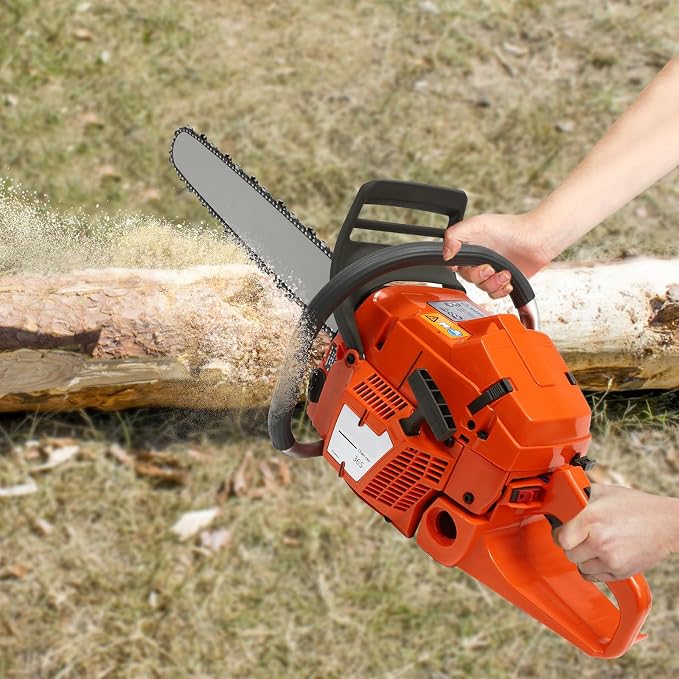 65cc Gasoline Power Chainsaw, 3.4kw 2-Stroke Fule Logging Cutter, 2700RPM Wood Saw Timber Feller with 24 inch Guide Bar for Tree Felling Backyard Clearing Outdoor Pruning