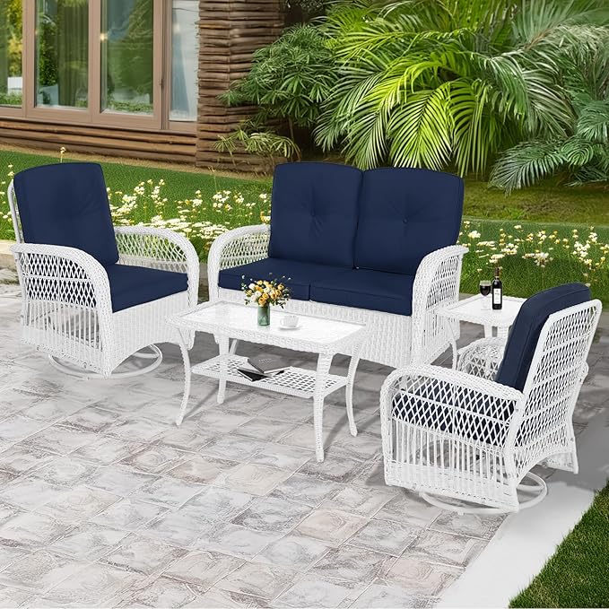 MEETWARM 5 Pieces Outdoor Patio Rattan Furniture Sets, All Weather Patio Wicker Conversation Set - 2 Rocking Swivel Chairs 1 Rattan Loveseat Glider with Cushions, 2 Coffee Table, White Wicker/Navy