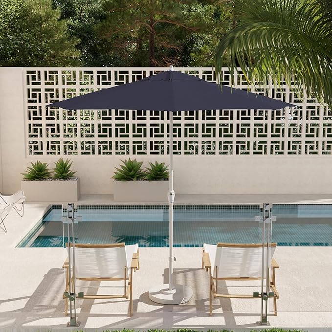 California Umbrella 12-Year Protection 9' Rd Aluminum Patio Umbrella, Crank Lift, Auto Tilt, White Finish, Sunbrella Navy
