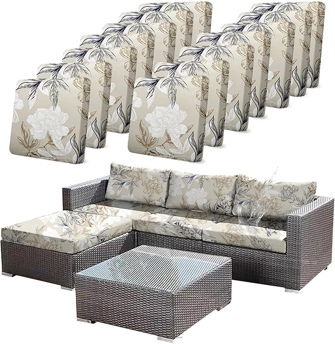 CALBODE 14Pcs Outdoor Stretch Cushion Covers,Waterproof Outdoor Chair Floral Cushion Covers for Patio Furniture, Washable Beige Couch Covers Replacement for Patio Furniture