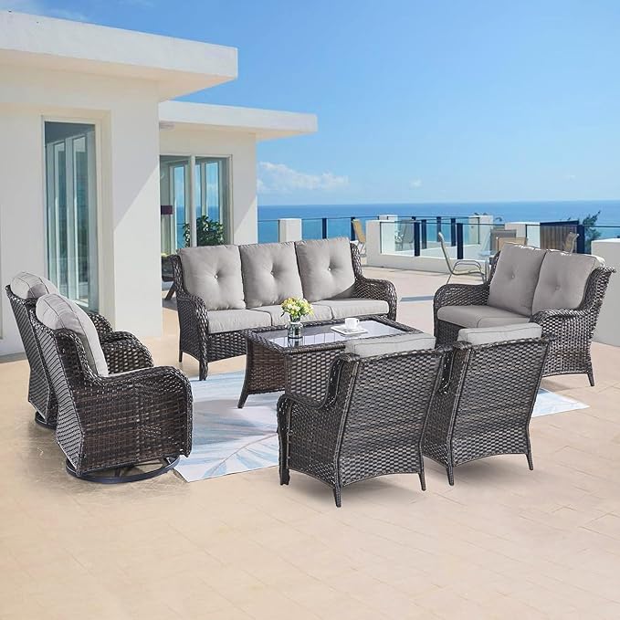 Belord Outdoor Furniture Wicker Conversation Sets - 7 Piece Patio Rattan Furniture Sets with Swivel Rocker Chairs Outdoor Sofa for Porch Deck Backyard Brown/Grey