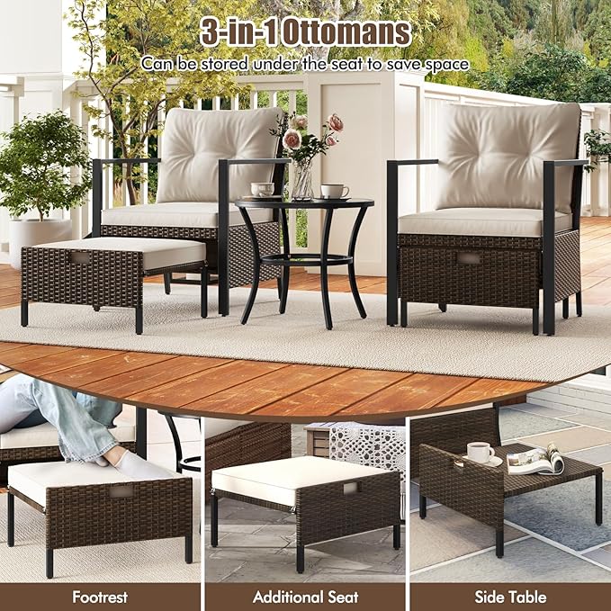 Tangkula 5 Piece Outdoor Furniture Set, Rattan Chairs & Ottomans w/Round Glass Topped Coffee Table, Space Saving Cushioned Patio Conversation Set for Backyard, Poolside (Off White)
