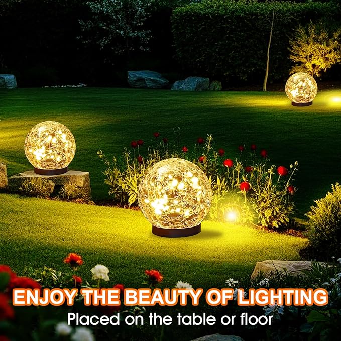 Solar Lights Outdoor Waterproof 30LEDS, 2 Pack Cracked Glass Solar Globe Lights Outdoor with Auto On/Off, Outside Decorations for Yard,Garden,Patio, Pathway,Landscape - Warm White