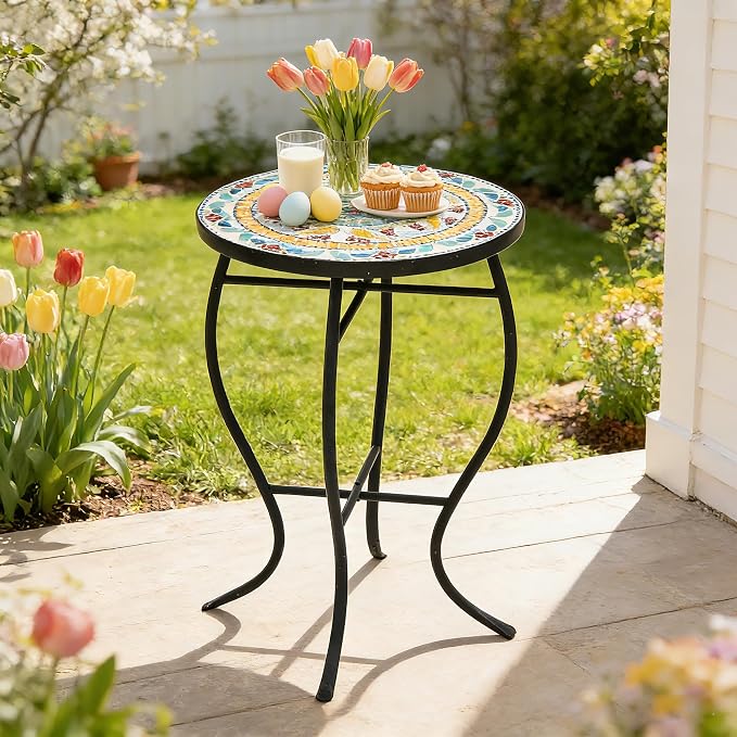22" Mosaic Side Table, Outdoor Bistro Table Weather Resistant, Iron Plant Stand for Patio, Small Coffee End Table for Balcony Garden Bedroom Living Room, Vintage Mint Green