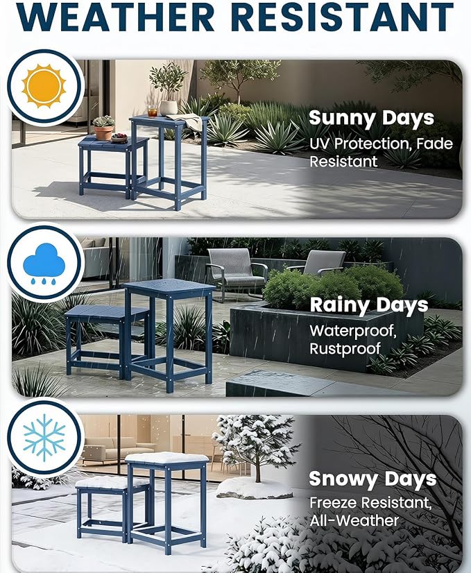FOOWIN Adirondack Side Table Set of 2, 2-Tier Outdoor Side Table Weather Resistant, 40"& 60" H Small Patio Table Set, Purespa Accessory Bench Set for Outdoor or Indoor Use, Blue