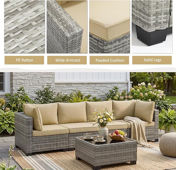 ANJ 5 Piece Outdoor Wicker Patio Furniture Set, Modular Loveseat Sofa with with Glass Top Coffee Table, All-Weather Rattan Conversation Couch Set for Balcony, Backyard, Light Grey Wicker-Camel