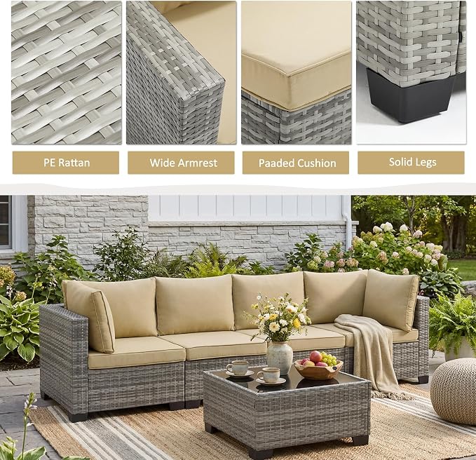 ANJ Outdoor Wicker Patio Chairs Set of 2, Modular Armless Patio Seating with Thick Cushions, All-Weather Rattan Conversation Chair Set for Porch, Balcony, Garden, Backyard, Light Grey Wicker-Camel
