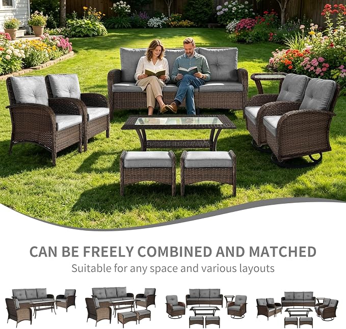 Outdoor Swivel Rocker Patio Chairs (Brown Wicker/Grey Cushion, 9PC/Sofa & Swivel & Chair &2 Table& Ottomans)