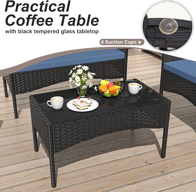 4 Piece Patio Rattan Conversation Set, Outdoor Rattan Chair Wicker Furniture Set, Couple Seats and Tempered Glass Table,Comfort Seat for Patio, Pool or Backyard