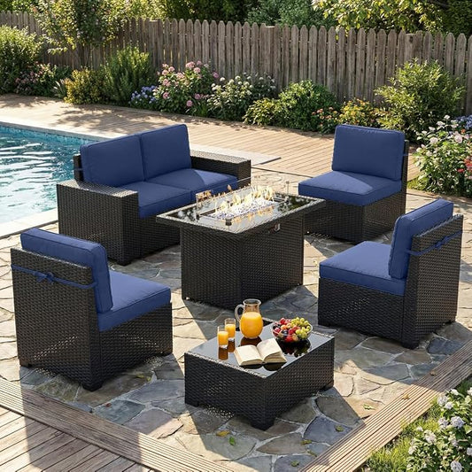 LayinSun 7 Pieces Outdoor Patio Furniture Set with 44" Fire Pit Table Rattan Sectional Sofa Conversation Sets