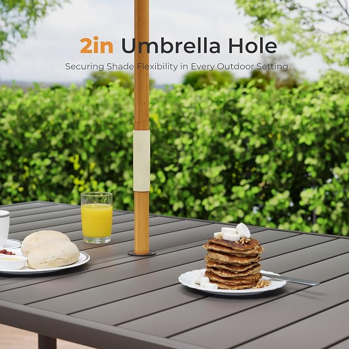 HAPPATIO Outdoor Patio Dining Set, 6 Quick Dry Textilene Dining Chairs and Dining Table with Umbrella Hole, Stackable Textilene Chairs for Garden, Patio and Poolside Backyard, Grey