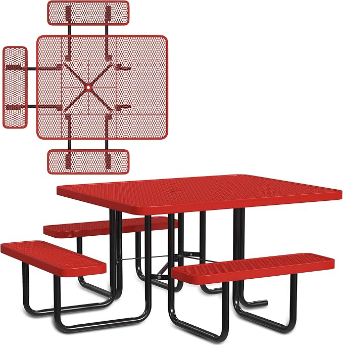 Leisure Craft Metal Picnic Table with Bench - 46" Square Outdoor Dining Table with Umbrella Hole, Heavy Duty Thermoplastic Coating, ADA Compliant, Commercial Grade Furniture Made in USA - Red