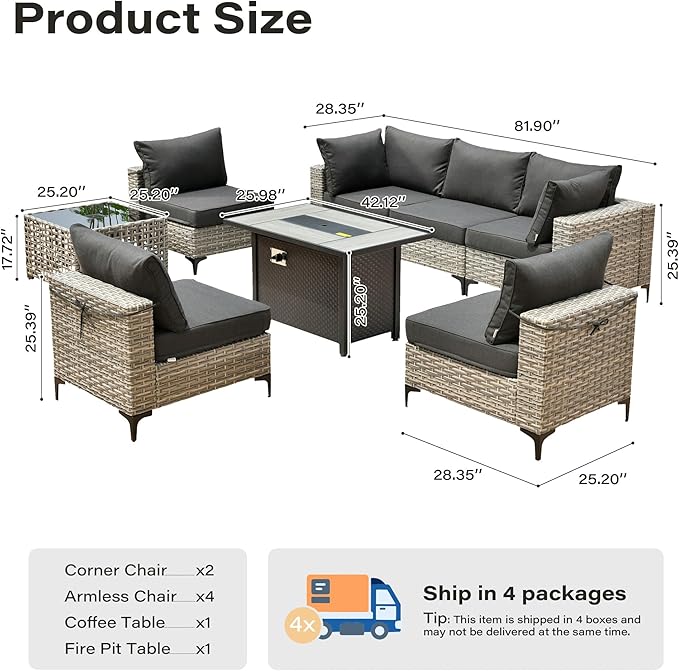 8 Pieces Patio Furniture Set with 42" Fire Pit, All-Weather Rattan Outdoor Sectional Conversation Sets L Shaped Sofas with Solar Light Coffee Table for Porch Balcony Backyard Black