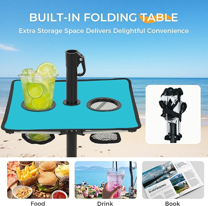 HOMEDEMO 8FT Large Beach Umbrella with Weight Bag & Sand Anchor, Outdoor Umbrellas with Adjustable Aluminum Pole and Table, Heavy Duty Windproof & UPF 50+