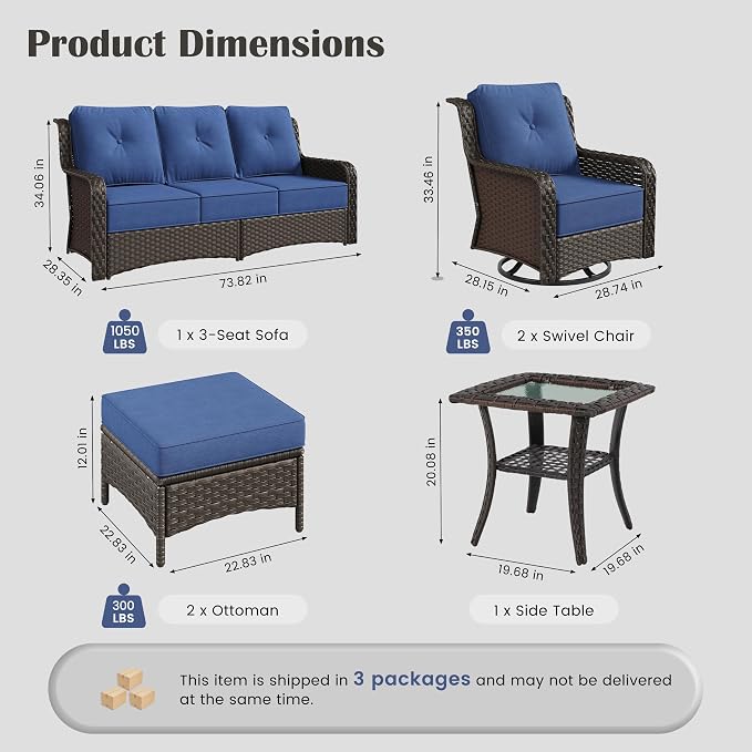 Sundale Outdoor 6 Piece Wicker Patio Furniture Set, High Back Outdoor Couch with Swivel Chairs & Ottoman, 6" Thick Cushion Patio Conversation Sets with Deep Seating for Yard, Deck (Blue)