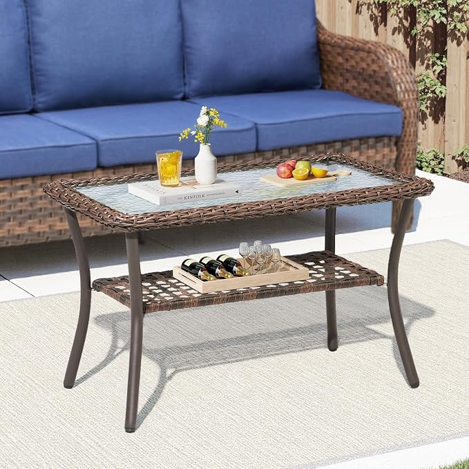 3 PCS Patio Furniture Set, 2 Outdoor Wicker Sofas with Coffee Table, 4-Inch Thick Olefin Cushions & Curved Armrests, 300 lbs Capacity Rattan Conversation Set for Porch, Garden, Blue