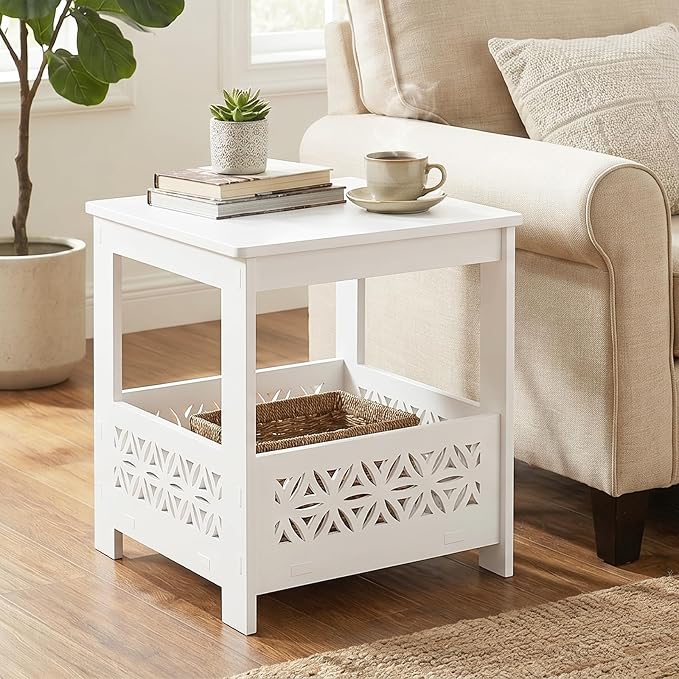 VINGLI Outdoor Side Table with Storage, 15.6" Square Resin Patio End Table, Weatherproof Rustproof Balcony Backyard Poolside Small Table (White)