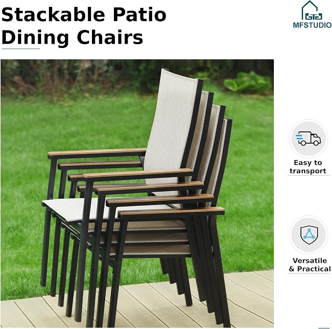 MFSTUDIO 7 PCS Patio Dining Set, 54" Round Table & Aluminum Chairs, Beige | Stackbale chairs, Light-weight & space-saving, Square Table, Umbrella Hole, Patio deck, 6 person