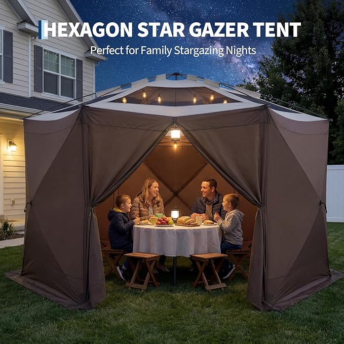 GarveeHome 13x13FT Pop Up Gazebo Screen Tent, 6-Sided Canopy with Detachable Eaves & Starry Sky Top, 210D Oxford Water-Proof Instant Shelter with Mosquito Netting for Backyard Camping, Khaki & Beige