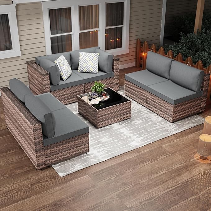 JAMFLY 7-Piece Outdoor Patio Furniture Set, Modular PE Rattan Sectional Sofa with Thick Cushions & Glass Coffee Table for Poolside, Balcony, Garden(Grey Cushion)