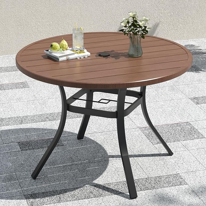 Brown Metal Slat Top 41" Outdoor Patio Round Dining Table with Black Frame | Wood-like Brown Slat Top, Black Frame, All Weather, 1.57-1.9 inch Adjustable Umbrella Hole, 3.4ft, 4 Person