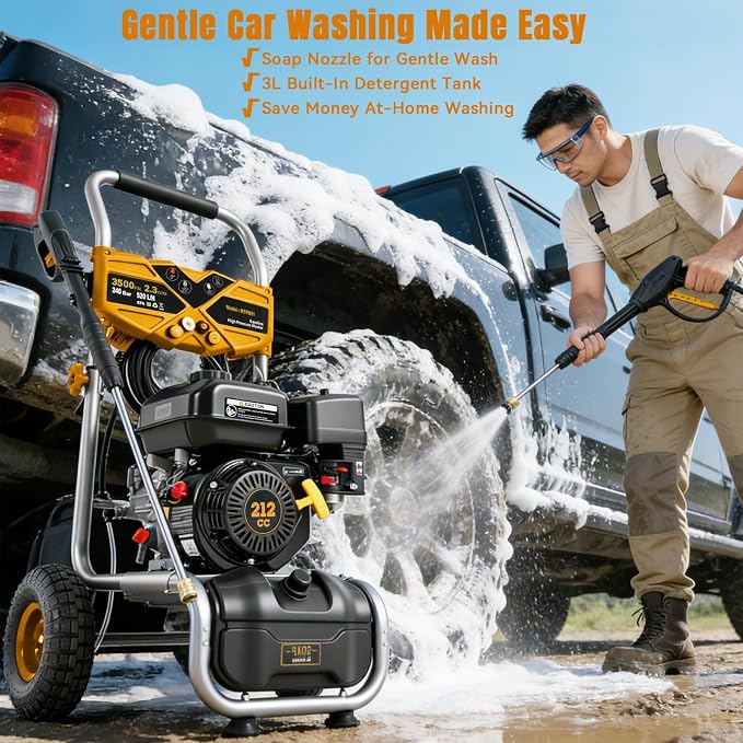3500PSI Gas Pressure Washer, 212CC / 2.3GPM / 7HP / 4-Stroke Gas Power Washer with 4 Quick Connect Nozzles, 25FT Hose, Soap Tank, Gas Powered Pressure Washers for Driveways Decks Cars Paint Prep