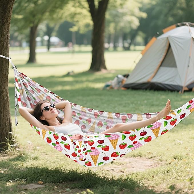 Camping Hammock Outdoor Hammocks for Outside Strawberry Cone Cherry Beach Trees Portable Lightweight with Pockets Tree Straps Indoor