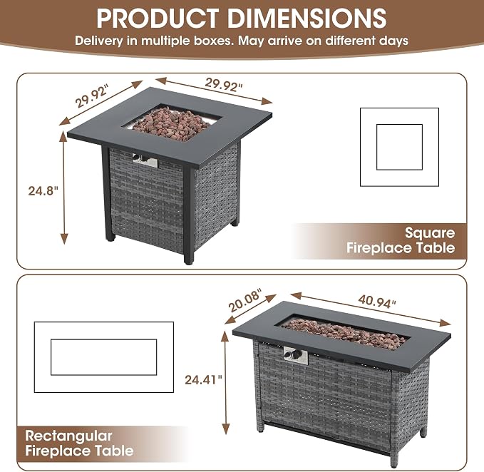 5 Piece Patio Furniture Set with Fire Pit, Grey Wicker Outdoor Conversation Set with 2 Swivel Rocker Chairs, 2 Sofas and Rectangular 60,000 BTU Fire Pit Table, Beige Covers for Patio