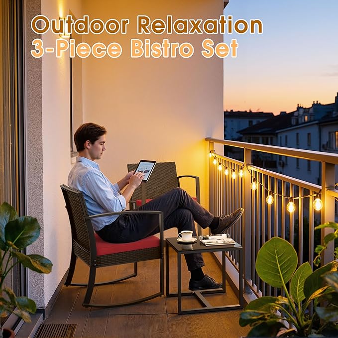 Greesum 3 Piece Patio Furniture Set, All-Weather Imitation Rattan Conversation Set, Outdoor Rocking Chair Bistro Set with Glass Top Coffee Table for Pool, Deck, Porch, Garden or Balcony, Red