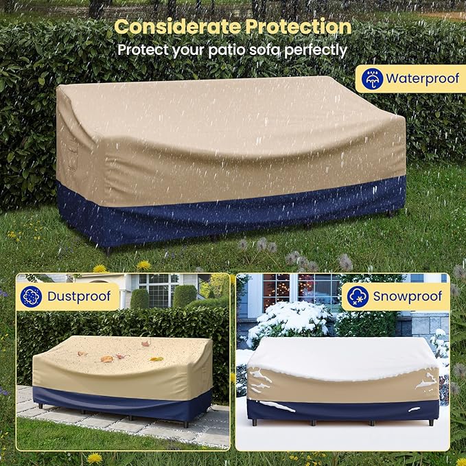 Tangkula Patio 3-Seater Waterproof Outdoor Deep Sofa Cover with Padded Handle & Click-Close Straps, Air Vent, Heavy Duty PU Couch Cover, 77" W x 43" D x 29.9" H