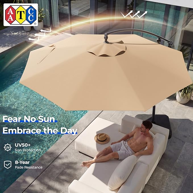HOMSHADE 10ft Patio Umbrella with Base Included, 8-Year-Non-Fading Cantilever Umbrella with Solution-Dyed Acrylic Fabric, UPF50+ UV Protection with Easy Tilt and Crank for Pool Deck and Garden(Buff)