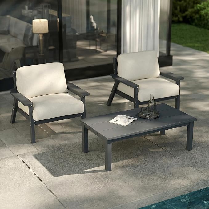 Patio Furniture Set with Washable Thick Beige Cushions, HDPE Outdoor Couch, All-Weather Outdoor Sectional Furniture, Patio Conversation Sets for Lawn, Garden, Porch (Grey Frame)