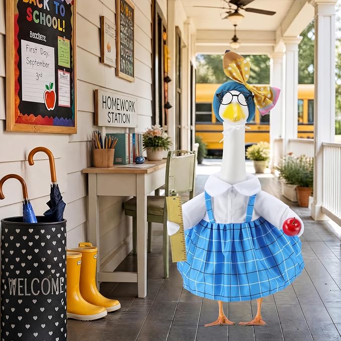 Back to School Porch Goose Outfits for 23 Inch Statue, Teacher Costume for Cement Statue, Duck Sculpture Clothes for Classroom Patio Decoration