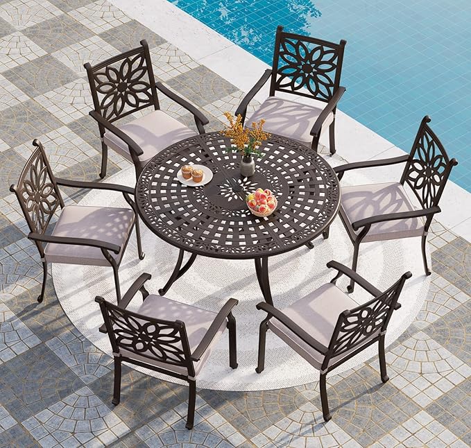 PHI VILLA 7 Pieces Outdoor Cast Aluminium Dining Set for 6, 54" Round Patio Table with Umbrella Hole & Heavy-Duty Chairs with Cushions, Large Outside Furniture Set for Deck, Porch, Backyard - Brown