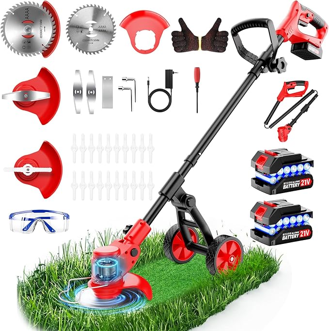 Electric Weed Wacker Cordless, 4000mAh Weed Eater Battery Powered with Wheel, 4 in 1 Grass Trimmer/Heavy Duty Brush Cutter/Lawn Edger/Weed Trimmer, No String Trimmer with Blade, 2 Battery Garden Tool