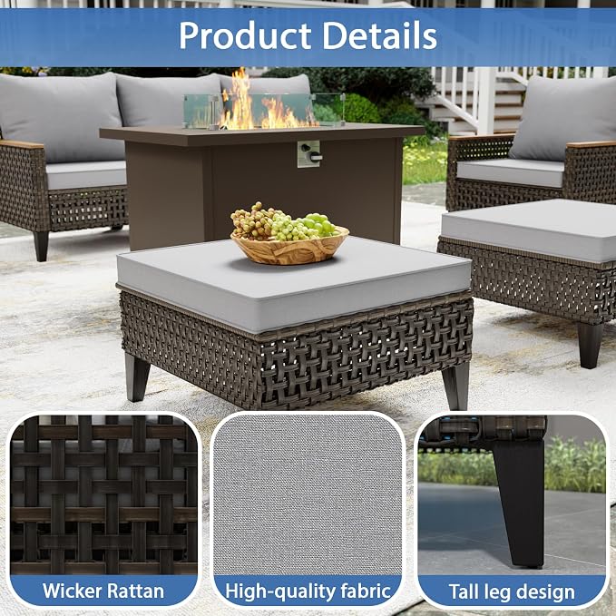 15 Piece Patio Furniture Set with 50000 BTU Propane Fire Pit Table, All-Weather Wicker Rattan Outdoor Sectional Sofa Set with High Back and Thick Cushions for Garden, Porch, Poolside, Grey