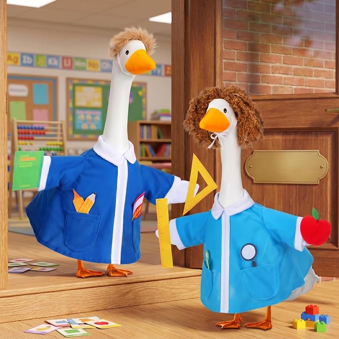 Abbylike 2 Set Back to School Porch Goose Outfit Teacher Classroom Yard Goose Costume Clothes with Book and Ruler Fits 23'' Cement for First Day of School Patio Lawn Garden Pathway Statue Decorations