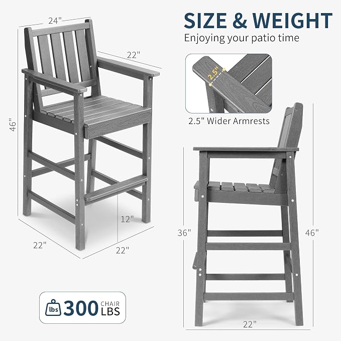 Outdoor Bar Stools, All Weather HDPE Counter Height Bar Chair with Wide Armrests & Footrest, Heavy-Duty Balcony Tall Adirondack Chair for Patio, Balcony, Pool, Backyard, Grey