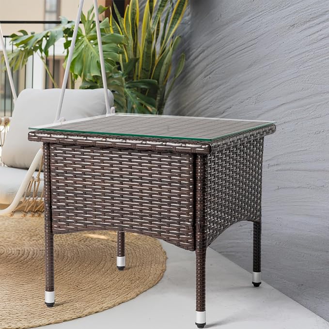 20" Square Patio Side Table,Small Outdoor Wicker End Tables,All-Weather Rattan Coffee Table,Bistro Dining Tables,with Glass Tabletop,for Lawn Garden Backyard Deck Porch Poolside Balcony (Brown)
