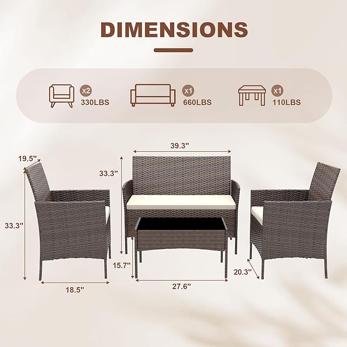 4 Piece Outdoor Patio Furniture Set,Wicker Rattan Conversation Set, Bistro Patio Set with 2 Chairs,Soft Cushion,Loveseat and 1 Glass Coffee Table for Backyard Porch Garden Poolside Balcony,Brown/Beige